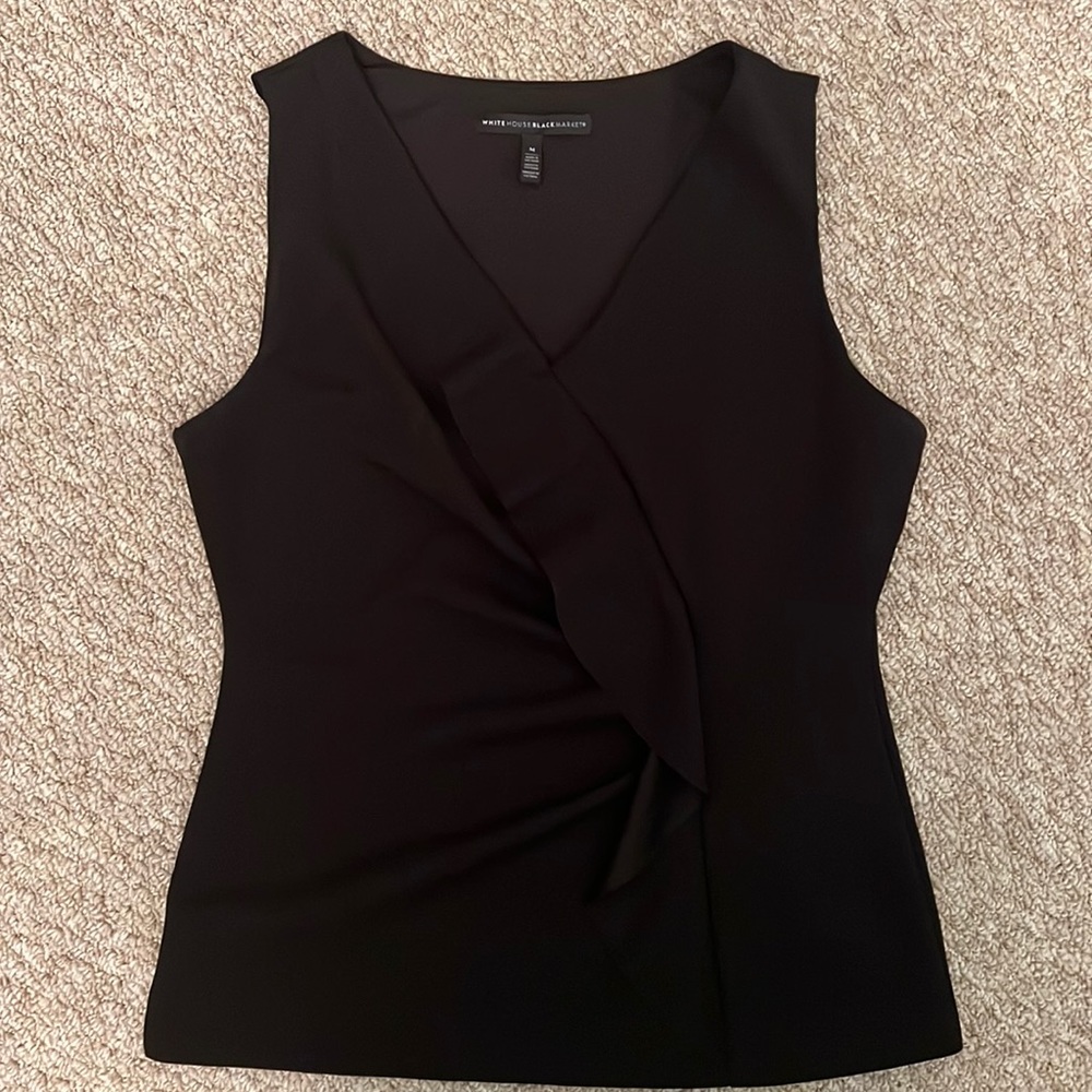 White House Black Market Black Sleeveless Ruffle V-Neck Top